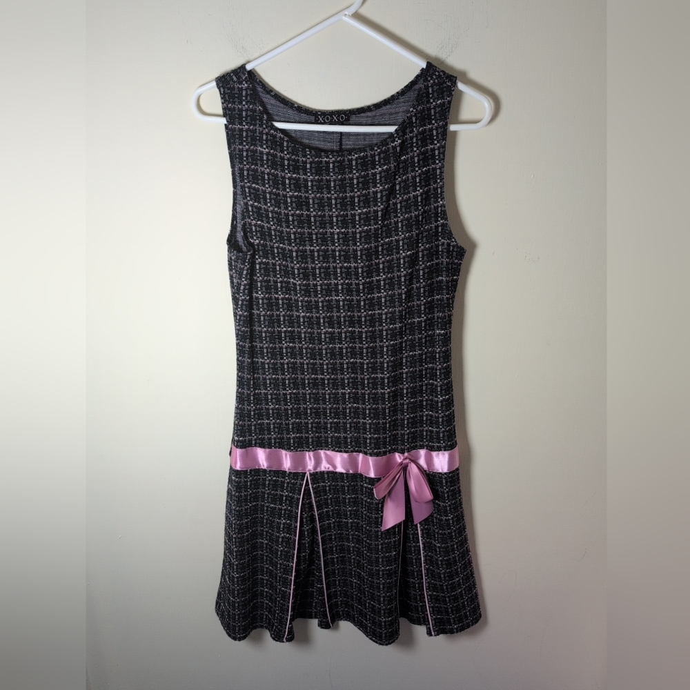 XOXO Dress 13  Black/Pink Tweed-look Y2K Schoolgirl Pleats Dropped Waist Preppy‎